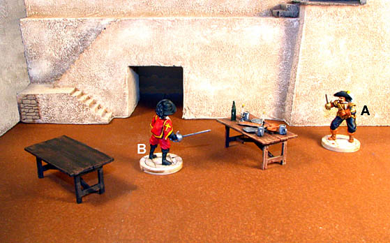 Musketeer A (Rating 3) and Guard B (Rating 2) are facing off across the courtyard. A has the initiative. 